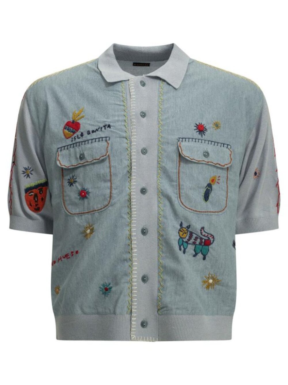 Kapital Kapital Knit X Chambray Polo Shirt Isla Bonita Casual Shirt Tag Size 3 M